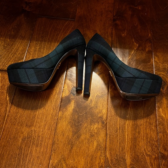 Prada Anthrocite Tartan Platform Heels. - Picture 8 of 10